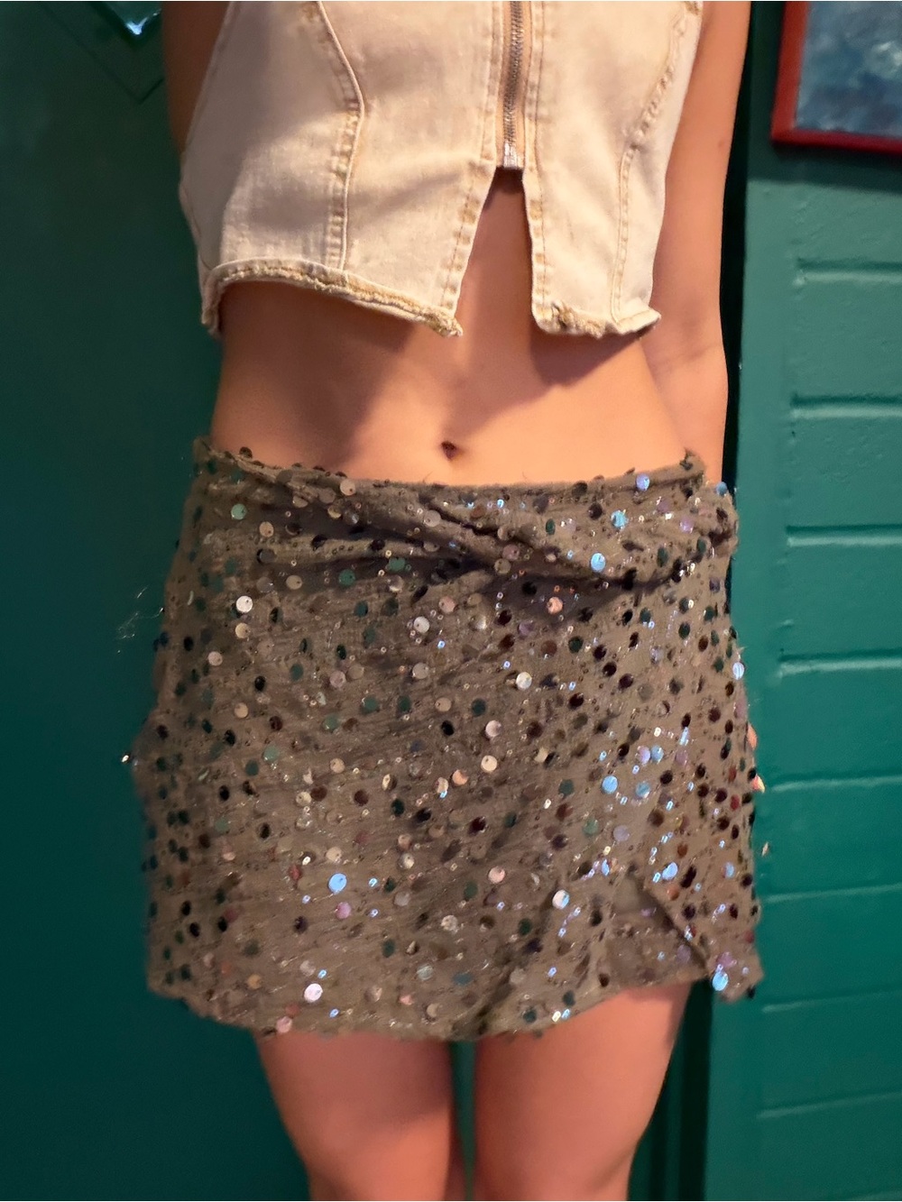 Zara Olive Green Sequin Mini Skirt